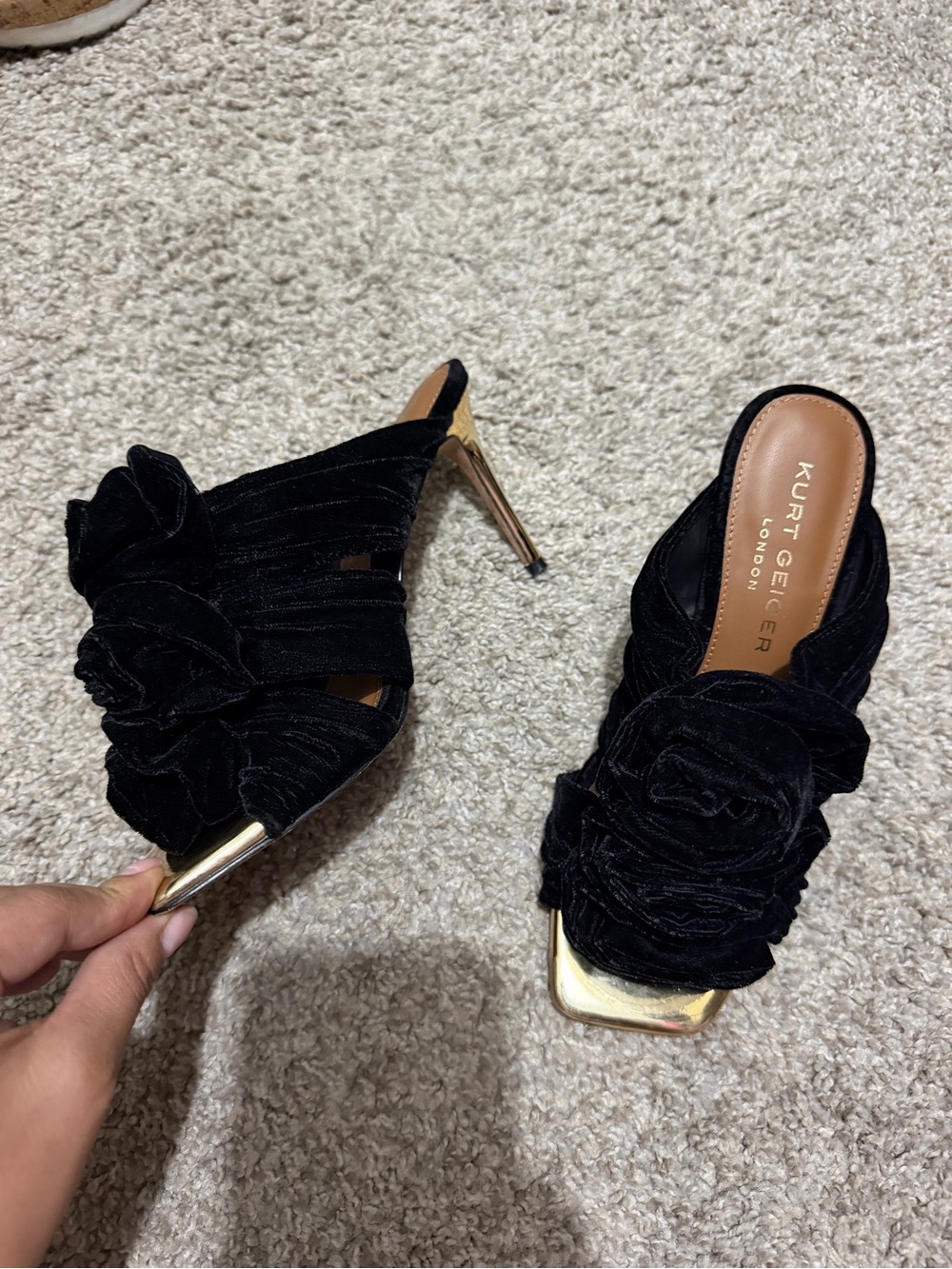 Kurt Geiger Black Velvet Floral Rosette Mules with Gold Accents